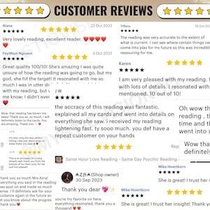 May include: Customer reviews with five-star ratings and testimonials. The reviews include positive feedback on readings, with comments like "very lovely reading" and "amazing." The image features a shop owner's response.