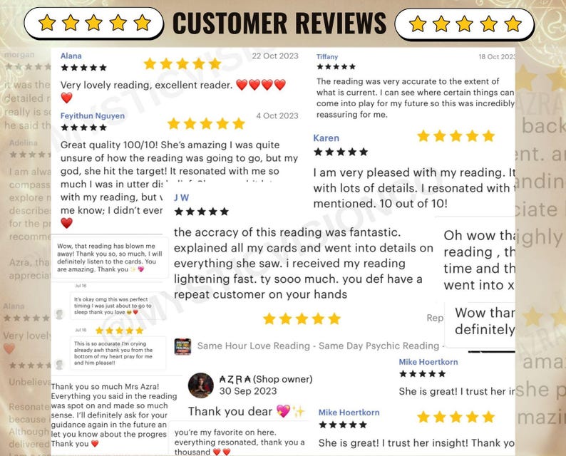 May include: Customer reviews with five-star ratings and testimonials. The reviews include positive feedback on readings, with comments like "very lovely reading" and "amazing." The image features a shop owner's response.