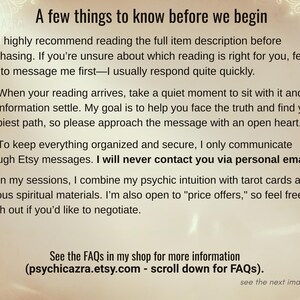 May include: Text on a beige background reads "A few things to know before we begin." It includes information about reading the full item description, approaching messages with an open heart, and communication through Etsy messages. The shop's FAQ is mentioned.