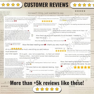 May include: Image features customer reviews with a five-star rating. Text includes phrases like "Wow, the best reading ever" and "Thank you so much." The image promotes a service with over 5,000 reviews.