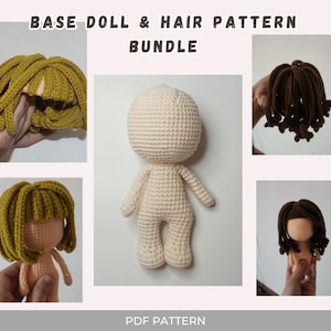 Amigurumi no sew base doll pattern and removable crochet doll hair pattern bundle