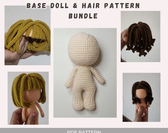 Amigurumi no sew base doll pattern and removable crochet doll hair pattern bundle