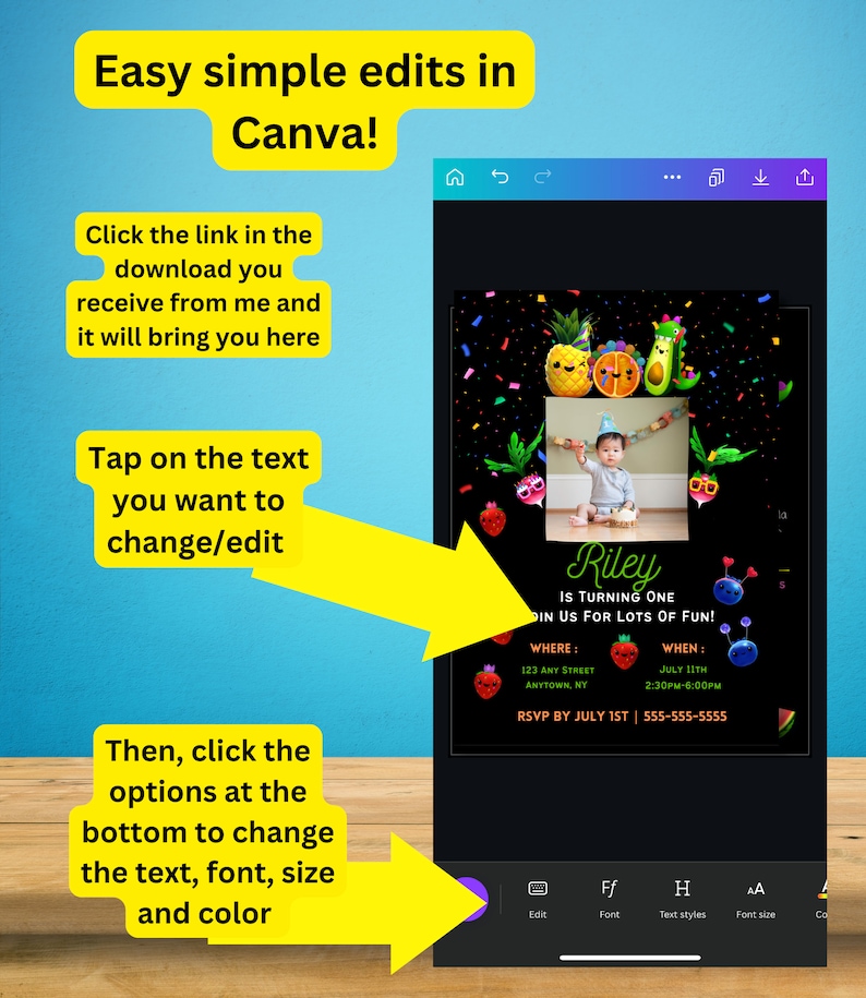 Dancing Fruit First Birthday Invitation Party Invitation Simple and