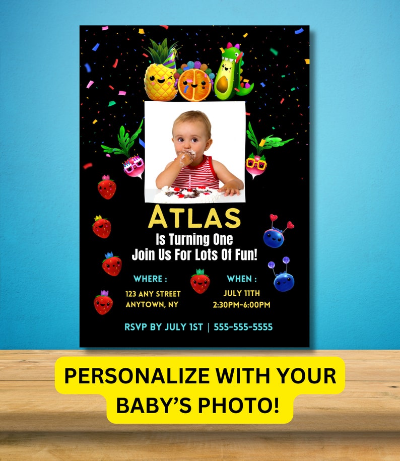 Dancing Fruit First Birthday Invitation Party Invitation Simple and