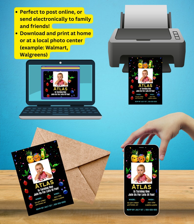 Dancing Fruit First Birthday Invitation Party Invitation Simple and