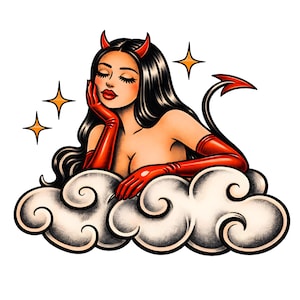 May include: A tattoo-style illustration of a woman with red horns and gloves, reclining on a cloud. She has long black hair, closed eyes, and a red tail. Gold stars are in the background. The image has a vintage aesthetic.