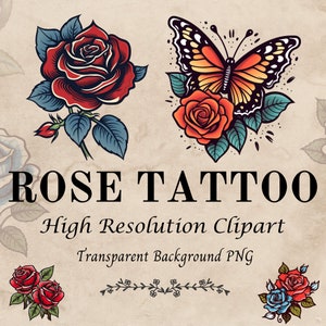 Traditional Rose Tattoo Designs: High-Resolution PNG Clipart (Digital Download)