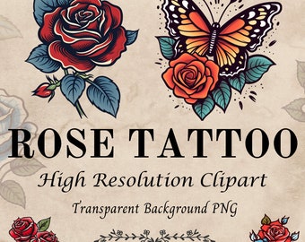 Modèles de tatouage rose : clipart PNG haute résolution (téléchargement numérique) traditionnel/néo-traditionnel