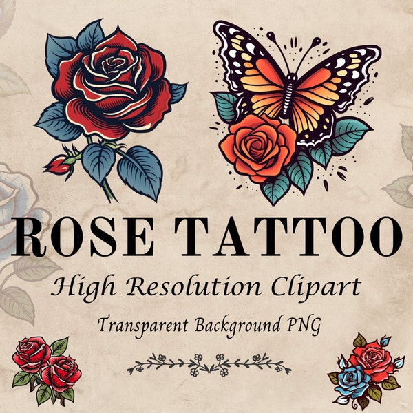 Clipart traditionnel de roses de tatouage, téléchargement immédiat au format PNG pour un usage commercial | Haute résolution - Tatouage symbolique