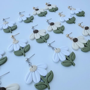 Handmade Polymer Clay Earrings - Spring Daisy Dangles - White Daisy Earring - Yellow Daisy Earring