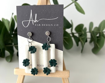 Handmade Polymer Clay Earrings - Open Rectangle Dangle with Green 4 Leaf Clovers - Silver Findings