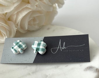 Handmade Polymer Clay Earrings - Green Plaid 3 Leaf Clover Studs