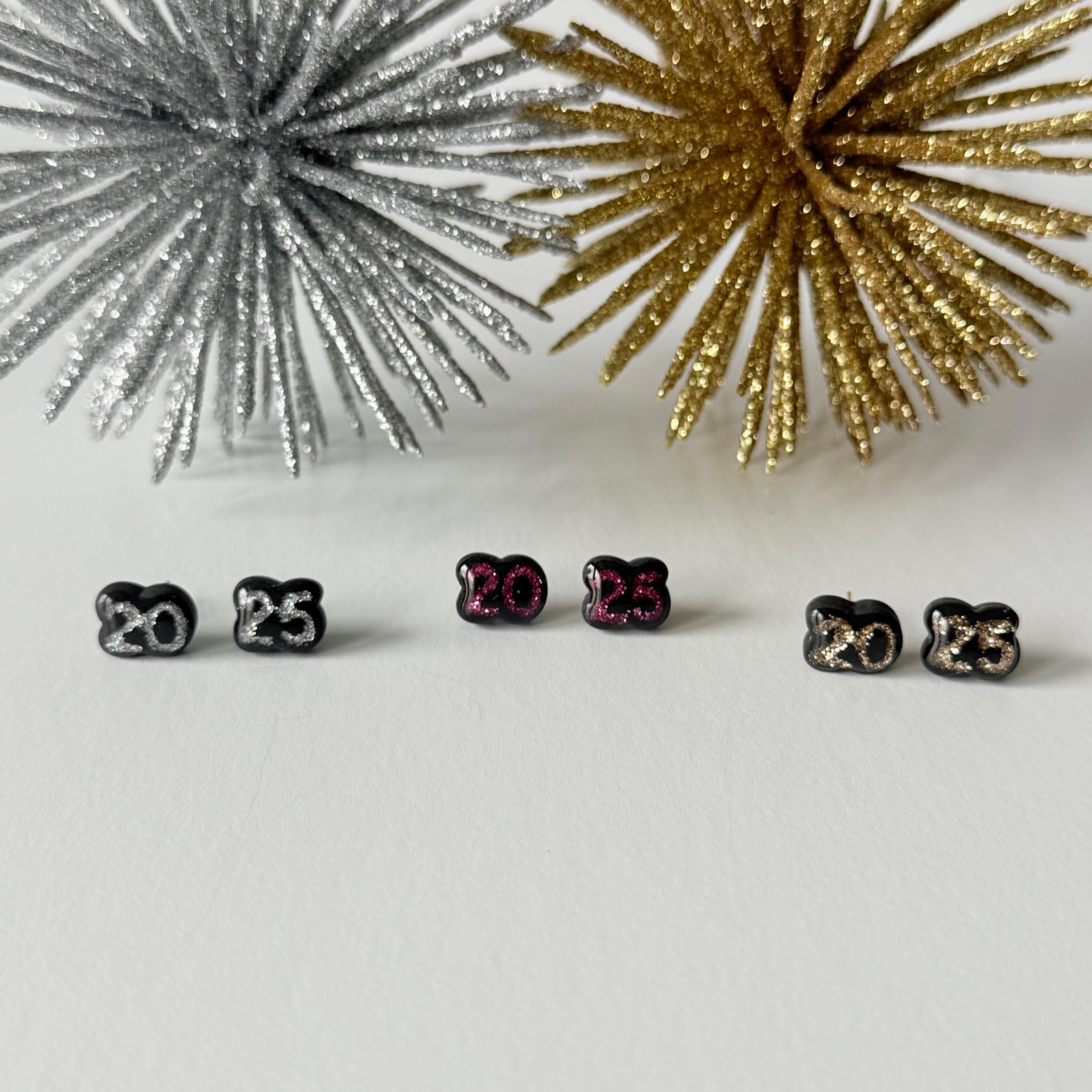 Handmade Polymer Clay Earrings - 2025 Glittery Studs - New Year Inspired Earrings