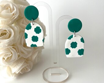 Handmade Polymer Clay Earrings - Arch Dangle with 4 Leaf Clover Pattern - Silver Findings