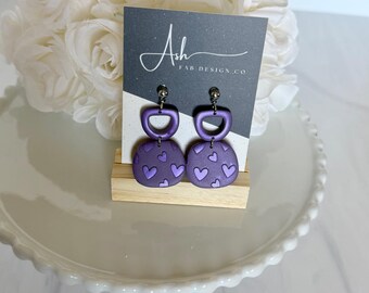 Handmade Polymer Clay Earrings - Purple Heart Shimmer Pattern Earring Drop Dangles  - Valentines Collection