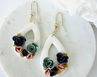 Handmade Polymer Clay Earrings - Open Teardrop  Floral Dangles