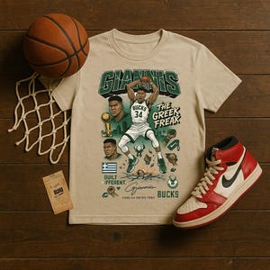 Camiseta de Giannis Antetokounmpo, camiseta pirata de la NBA de los años 90, estilo cómic de los Milwaukee Bucks, diseño retro de un fan diferente.