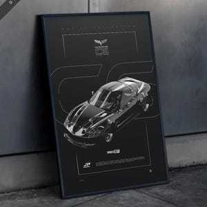 May include: Black and white poster featuring a sleek, black Corvette C6 sports car with a white stripe on the hood. The poster has the text "RACING COLLECTION" and "FORMULA DRIFT" on it.