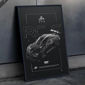 May include: Black and white poster featuring a Lexus RC F GT3 race car with the text "RC F GT3 2019" and the logos "GT" and "JP RACING".