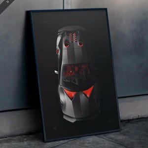 May include: A black Lamborghini Aventador J, a limited edition supercar, is shown from a top-down perspective. The car has red accents on the front and rear, and a black and grey stripe down the centre.