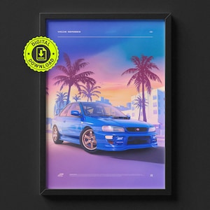 Puede incluir: Impresión artística enmarcada que presenta un coche deportivo azul con llantas doradas, sobre un fondo de puesta de sol con palmeras. La obra de arte tiene una insignia de descarga digital. El texto "VICE SERIES" está en la parte superior.
