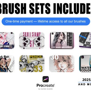 Op de afbeelding: Afbeelding met digitale penselensets voor Procreate, waaronder "Cute Paint Studio", "Skull Stamp" en "77 Hair Brushes". De tekst luidt "BRUSH SETS INCLUDED" en "One-time payment - lifetime access". Bevat ook "2025/26 EDITION".