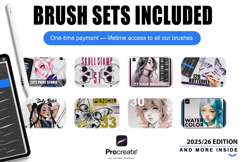 Op de afbeelding: Afbeelding met digitale penselensets voor Procreate, waaronder "Cute Paint Studio", "Skull Stamp" en "77 Hair Brushes". De tekst luidt "BRUSH SETS INCLUDED" en "One-time payment - lifetime access". Bevat ook "2025/26 EDITION".
