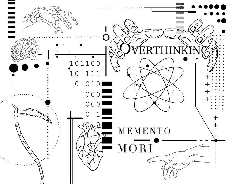 Może przedstawiać: Czarno-biały cyfrowy wydruk artystyczny z czaszką, m&oacute;zgiem, sercem, kosą i dwoma rękami. Tekst "Overthinking" i "Memento Mori" jest zawarty w projekcie.