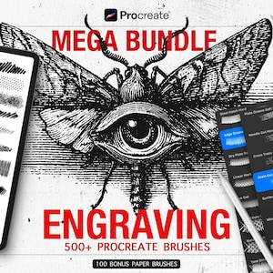 May include: Digital art bundle for Procreate featuring engraving brushes. The image displays a stylized moth with an eye, the words "MEGA BUNDLE" and "ENGRAVING" in red, and a tablet showing brush strokes. Includes 500+ brushes and 100 bonus paper brushes.
