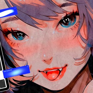 Może przedstawiać: Cyfrowa ilustracja postaci w stylu anime z niebieskimi oczami i fioletowymi włosami, z efektem akwareli. Tablet wyświetla opcje pędzli, w tym "Blender #3" i "Soft Grain #3". Postać ma czerwone usta.