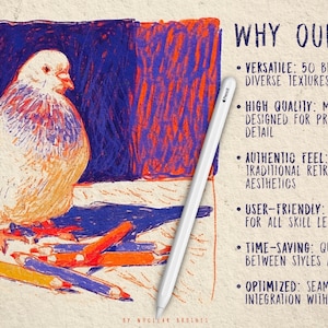 Peut inclure: Une colombe blanche avec des marques orange et bleues est pos&eacute;e sur une surface avec un tas de crayons de couleur. Le texte "WHY OUR SET?" est &eacute;crit en bleu sur fond blanc. Le texte &eacute;num&egrave;re les caract&eacute;ristiques d'un ensemble de pinceaux num&eacute;riques : polyvalent, de haute qualit&eacute;, sensation authentique, convivial, gain de temps et optimis&eacute;.