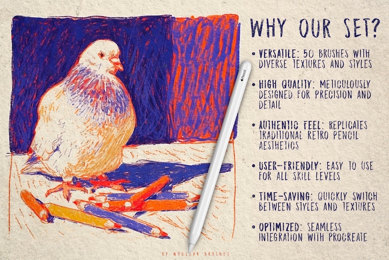 Peut inclure: Une colombe blanche avec des marques orange et bleues est pos&eacute;e sur une surface avec un tas de crayons de couleur. Le texte "WHY OUR SET?" est &eacute;crit en bleu sur fond blanc. Le texte &eacute;num&egrave;re les caract&eacute;ristiques d'un ensemble de pinceaux num&eacute;riques : polyvalent, de haute qualit&eacute;, sensation authentique, convivial, gain de temps et optimis&eacute;.