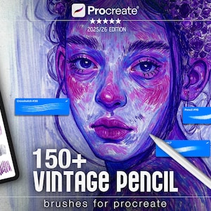 Peut inclure: Illustration numérique d'un visage féminin aux tons violets et roses. L'image comprend une tablette affichant des coups de pinceau, un stylet et le texte "150+ VINTAGE PENCIL brushes for procreate."