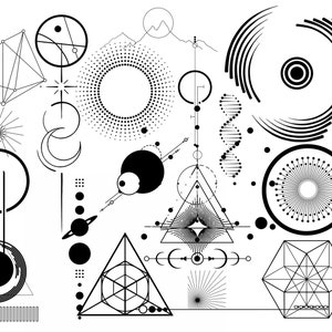 Może przedstawiać: Czarno-białe kształty geometryczne i wzory, w tym koła, tr&oacute;jkąty, gwiazdy i linie. Projekt jest abstrakcyjny i nowoczesny.