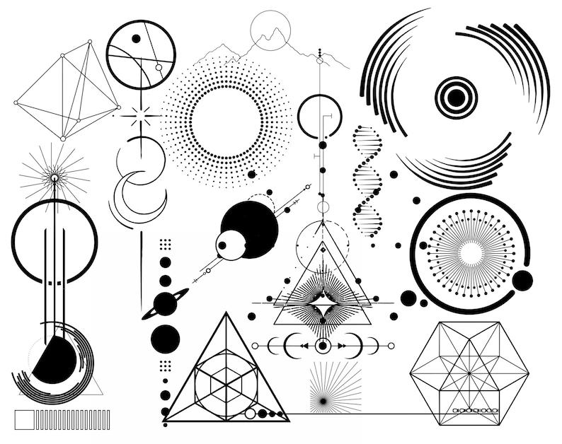 Może przedstawiać: Czarno-białe kształty geometryczne i wzory, w tym koła, tr&oacute;jkąty, gwiazdy i linie. Projekt jest abstrakcyjny i nowoczesny.