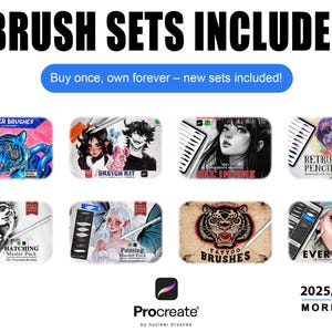 Op de afbeelding: Een advertentie voor Procreate-penseelsets. De afbeelding toont verschillende penseelpakketten met illustraties, waaronder "Marker Brushes", "Sketch Kit" en "Tattoo Brushes". De tekst luidt "Brush Sets Included" en "Buy once, own forever - new sets included!" De rechterbenedenhoek zegt "2025/26 Edition More Brushes."