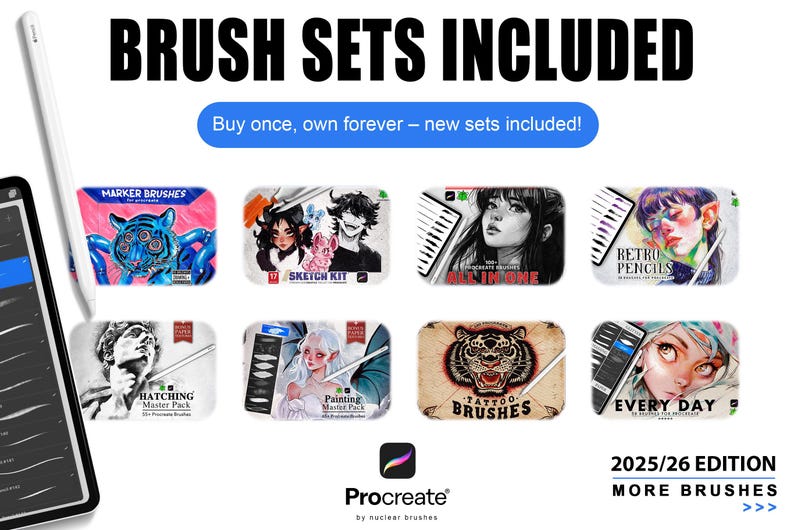 Op de afbeelding: Een advertentie voor Procreate-penseelsets. De afbeelding toont verschillende penseelpakketten met illustraties, waaronder "Marker Brushes", "Sketch Kit" en "Tattoo Brushes". De tekst luidt "Brush Sets Included" en "Buy once, own forever - new sets included!" De rechterbenedenhoek zegt "2025/26 Edition More Brushes."