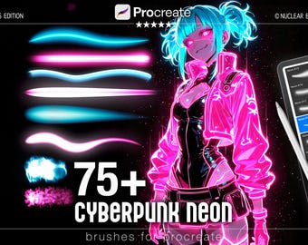 May include: Digital art illustration featuring a cyberpunk-themed character with neon pink and blue accents. The image showcases a Procreate interface with various brush strokes and the text "75+ CYBERPUNK NEON brushes for procreate."