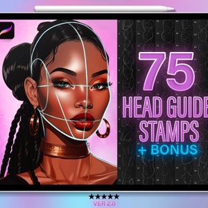 Könnte beinhalten: Eine digitale Illustration eines Frauenkopfes mit einem Gitternetz darüber. Das Bild ist ein digitaler Stempel, den Künstler als Leitfaden zum Zeichnen von Köpfen verwenden können. Der Text "75 Head Guide Stamps + Bonus" wird in einem violetten Kasten angezeigt.