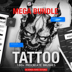 Puede incluir: Un paquete de arte digital para Procreate con pinceles de tatuaje. La imagen muestra una tableta con trazos de pincel, una cara de demonio estilizada y un lápiz óptico. El texto incluye "MEGA BUNDLE", "TATTOO" y "180+ PROCREATE BRUSHES."
