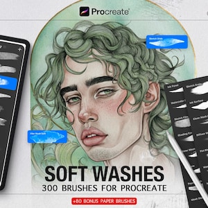 May include: Digital art brushes for Procreate, featuring a portrait with green hair and the text "SOFT WASHES 300 BRUSHES FOR PROCREATE". Includes a tablet displaying brush options and a stylus. The image also includes the text "+80 BONUS PAPER BRUSHES".