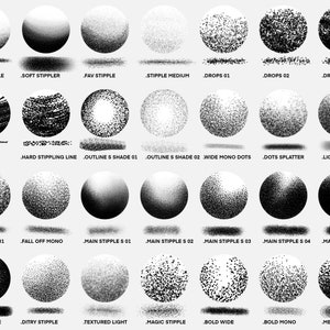 May include: A collection of 28 black and white stipple brush presets for digital art. The presets are displayed as circles with different stipple patterns.
