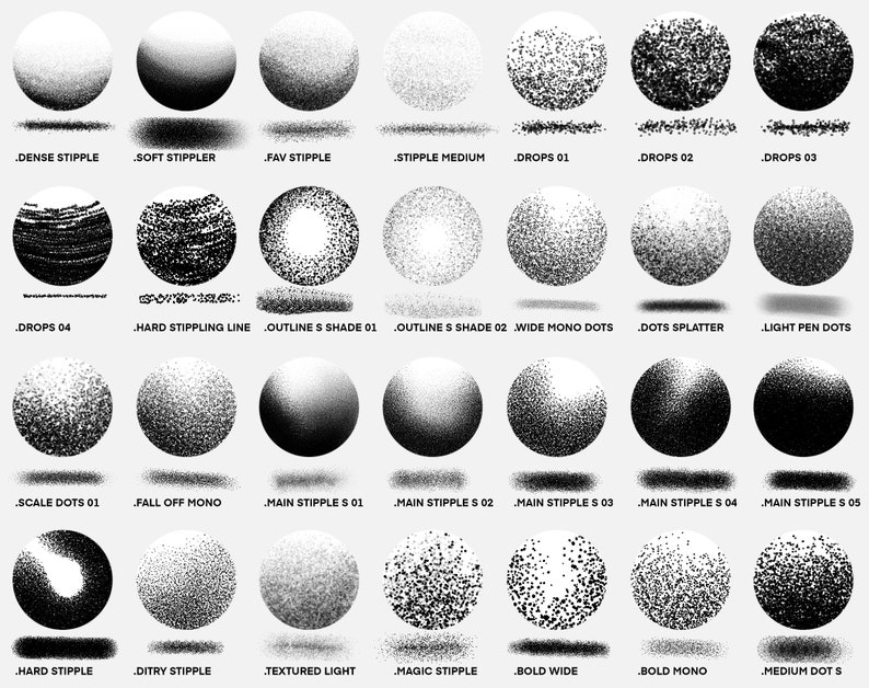 May include: A collection of 28 black and white stipple brush presets for digital art. The presets are displayed as circles with different stipple patterns.