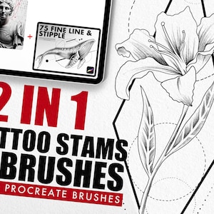 Puede incluir: Una ilustración digital de una flor con tallo y hojas. La imagen está en blanco y negro y tiene un diseño geométrico a su alrededor. El texto "2 IN 1 TATTOO STAMS & BRUSHES 200+ PROCREATE BRUSHES" está en la parte inferior de la imagen.