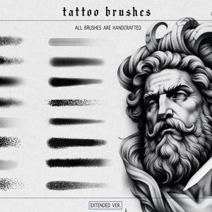 Puede incluir: Pinceles de tatuaje digitales con varios estilos de sombreado se muestran sobre un fondo claro. La imagen incluye una ilustraci&oacute;n detallada de una escultura cl&aacute;sica y el texto "tattoo brushes". Los pinceles est&aacute;n hechos a mano.