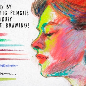 Peut inclure: Un dessin au crayon color&eacute; d'un visage de profil. Le dessin est inspir&eacute; de crayons authentiques pour un dessin v&eacute;ritablement authentique. L'image comprend des &eacute;chantillons de crayons de couleur diff&eacute;rents.