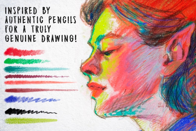 Peut inclure: Un dessin au crayon color&eacute; d'un visage de profil. Le dessin est inspir&eacute; de crayons authentiques pour un dessin v&eacute;ritablement authentique. L'image comprend des &eacute;chantillons de crayons de couleur diff&eacute;rents.