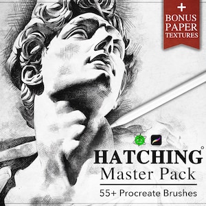 Puede incluir: Un dibujo a lápiz en blanco y negro de la cara de un hombre. El dibujo está hecho en estilo de tramado. El texto "Hatching Master Pack 55+ Procreate Brushes" está en la parte inferior de la imagen.