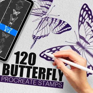 120 stempli Butterfly Procreate, pędzle do stempli Tattoo Butterfly do Procreate, cienkie stemple Butterfly, pędzle Butterflies do Procreate