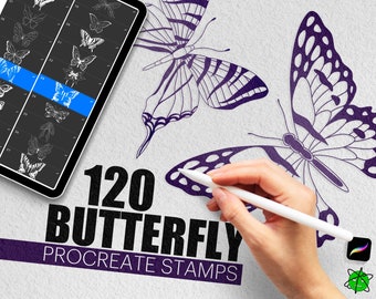 May include: A digital tablet displaying 120 butterfly illustrations for use as Procreate stamps. The tablet is on a white textured surface with a hand holding a stylus hovering over a butterfly illustration. The text "120 BUTTERFLY PROCREATE STAMPS" is visible on the surface.